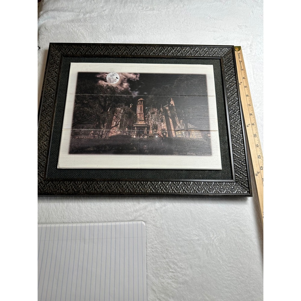 Haunted Mansion Halloween Wall Art Framed Wood Plaque Night Moon Gothic Decor